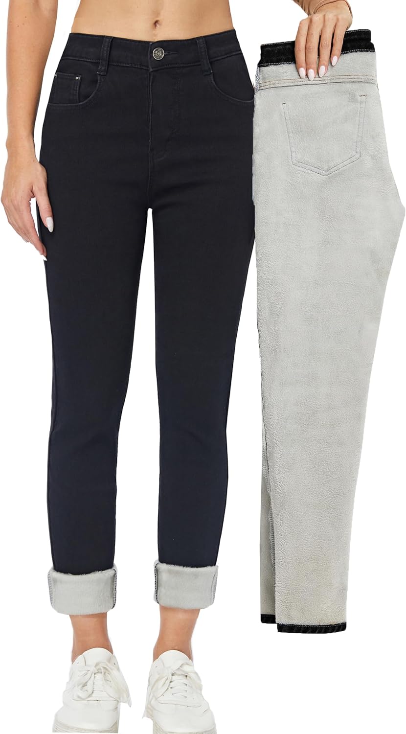 Fleece Lined Winter Jeans for Women - Thermal Thick Denim Pants
