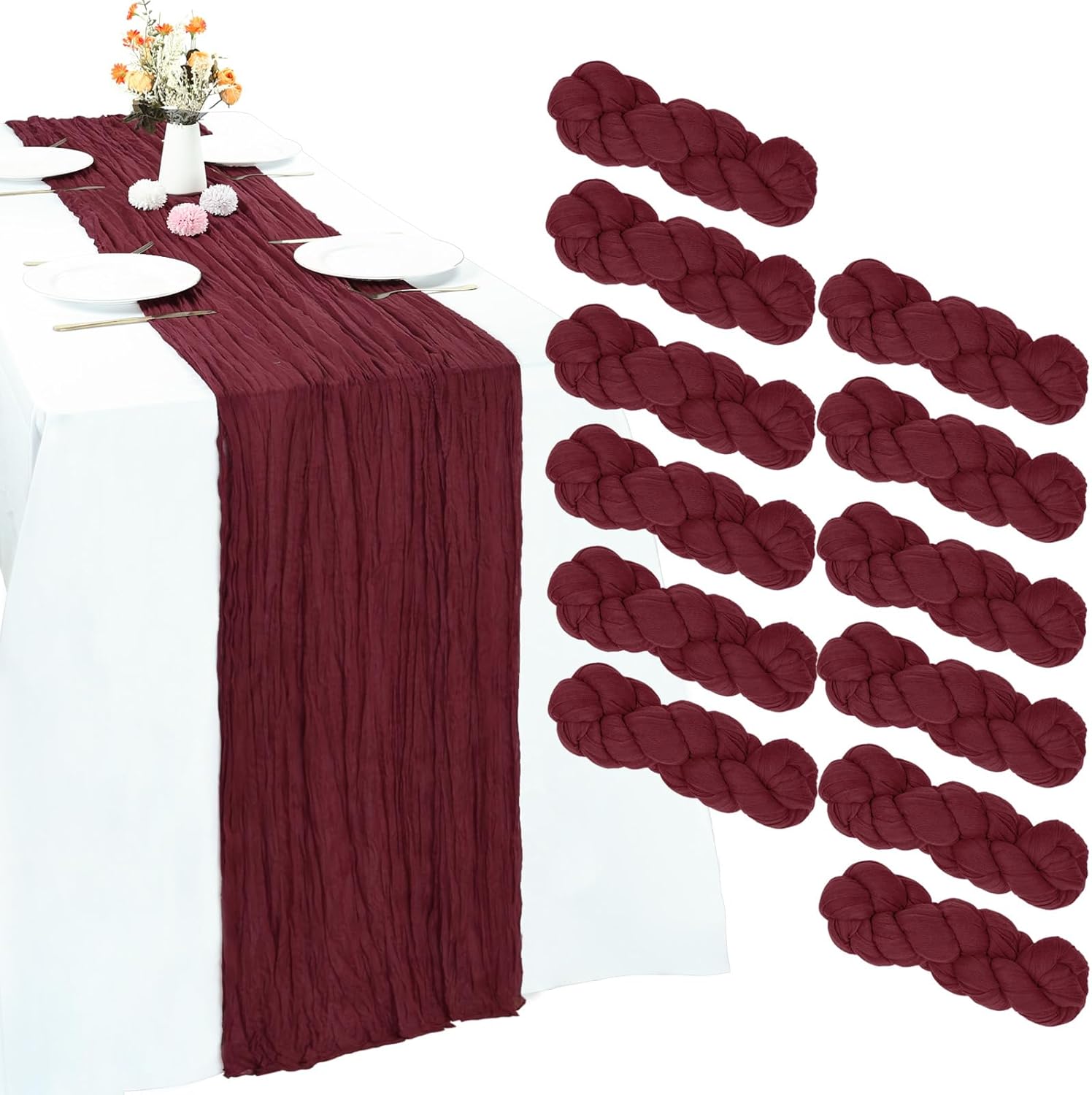 Burgundy Cheesecloth Table Runner 12 Pack for Elegant Decor