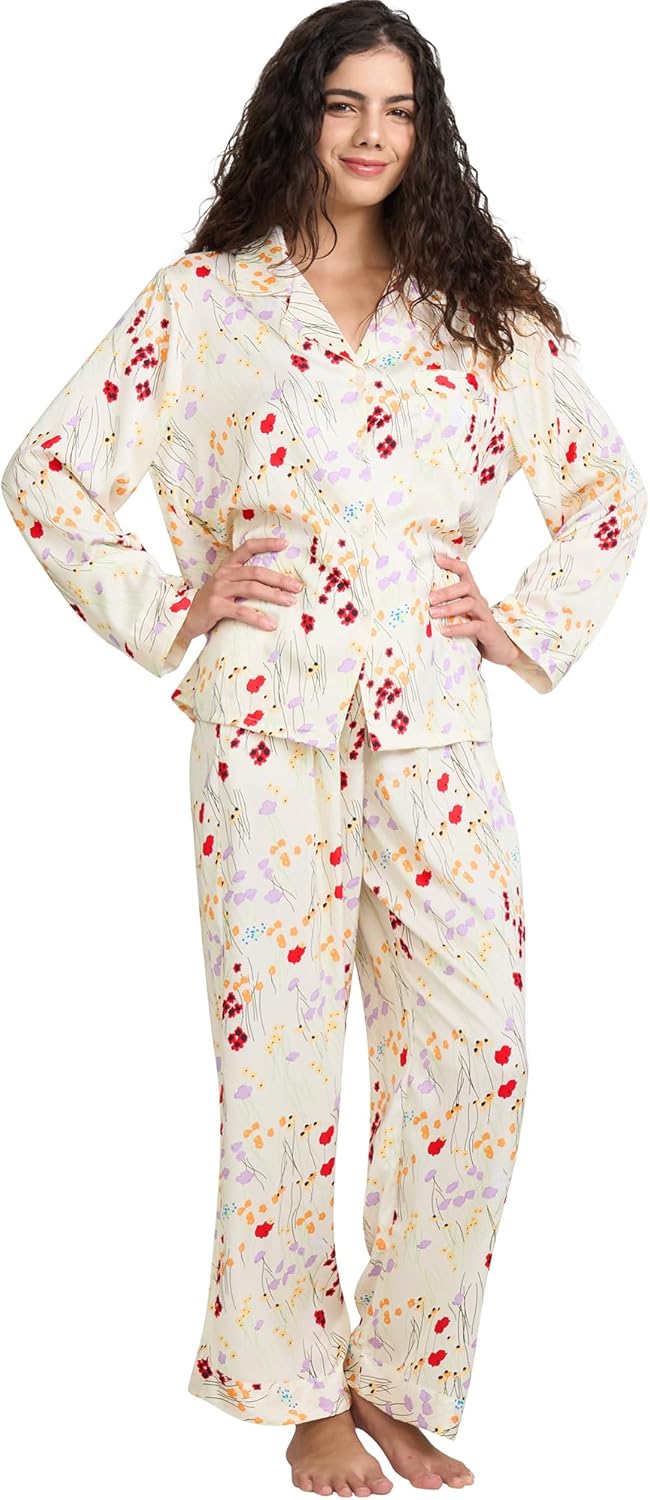 Womens Silk Satin Pajamas Set Button Down 2 Piece Pjs Long Sleeve