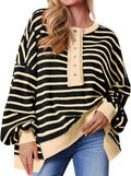 Tankaneo Womens Oversized Striped Sweatshirts Henley - Cozy Waffle