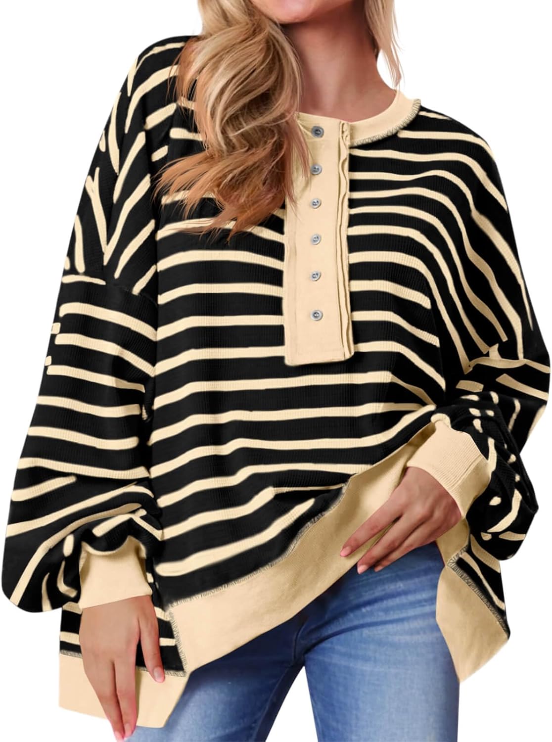 Oversized Striped Sweatshirts for Women - Stylish Henley Tops