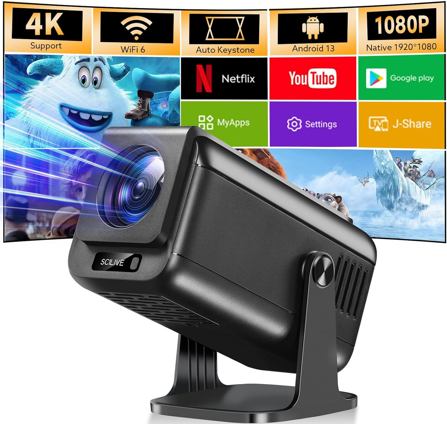 Portable 1080P HD Movie Projector with Wifi & Bluetooth