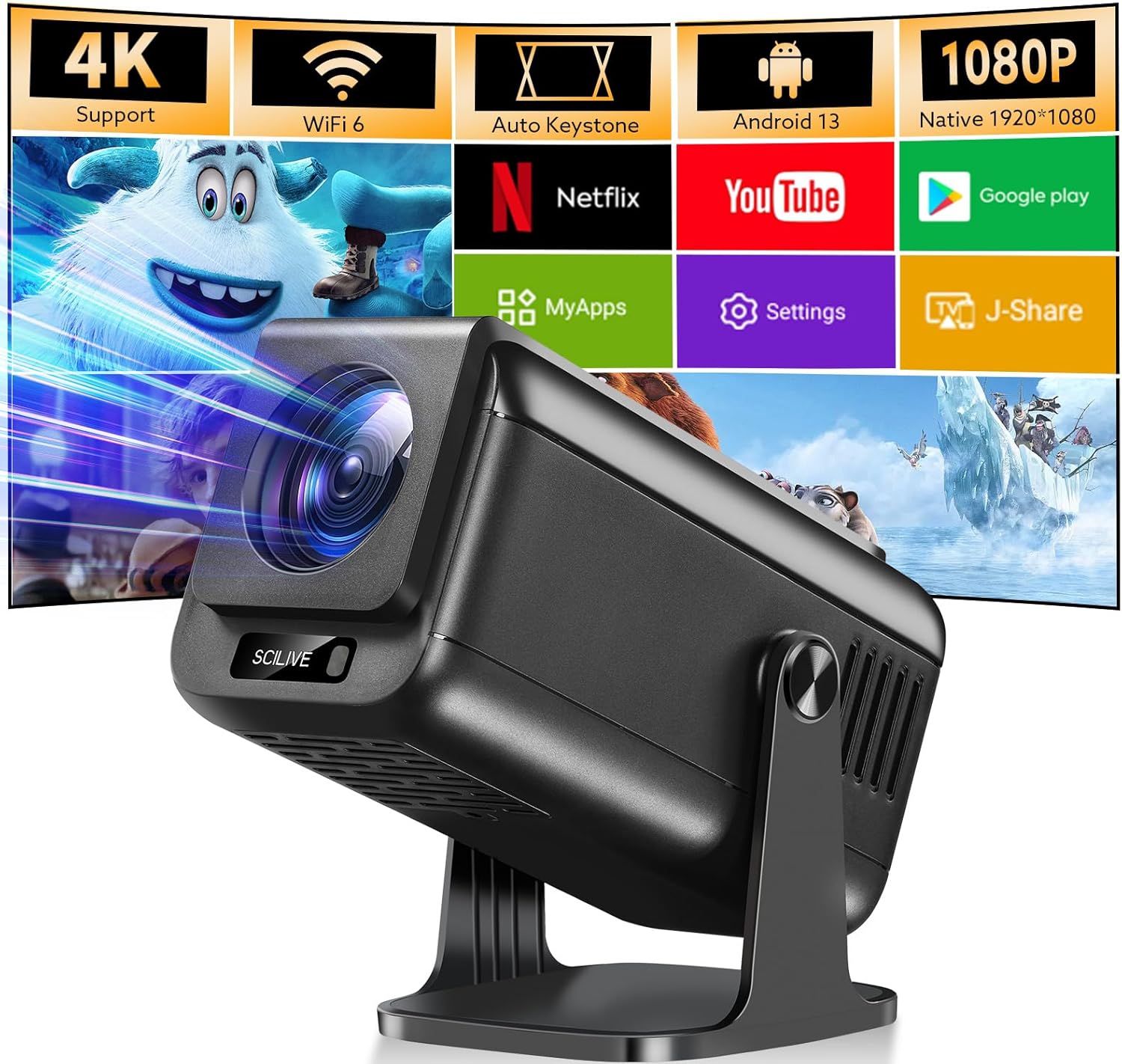 Portable 1080P HD Movie Projector with Wifi & Bluetooth