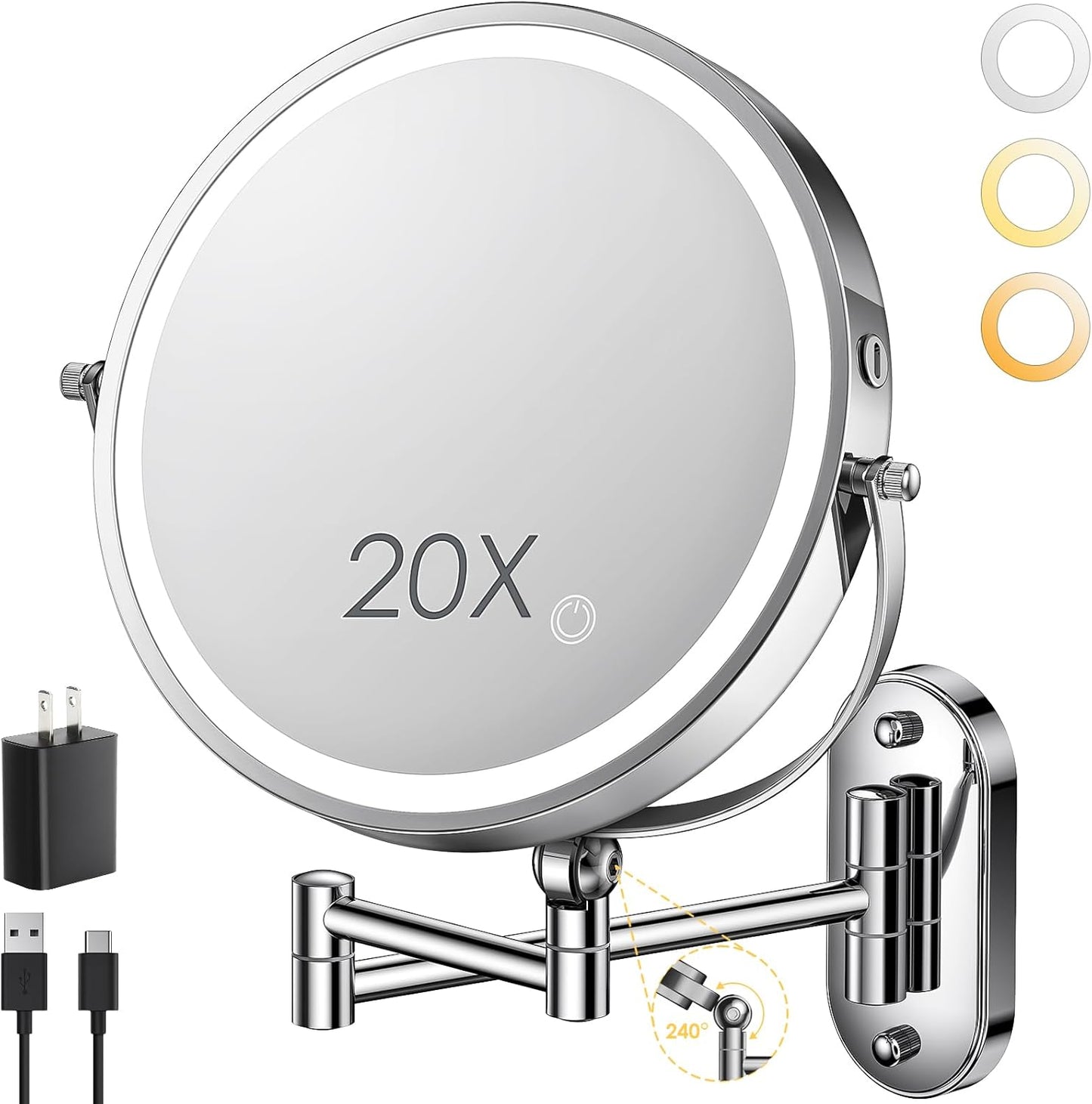 9in Wall Mounted Lighted Makeup Mirror with 360 Rotation Arm