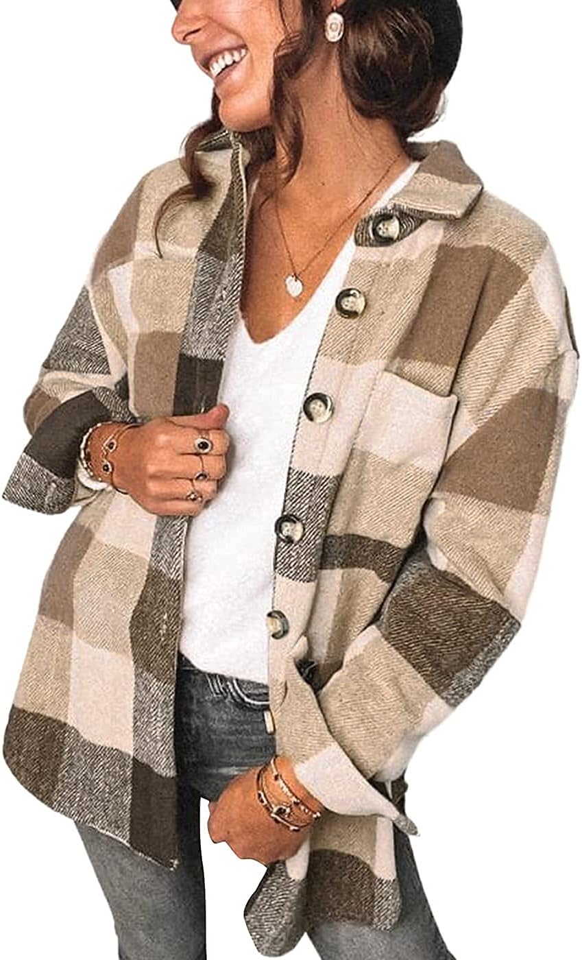 Women's Brushed Plaid Shirts Long Sleeve Flannel Shacket Jacket