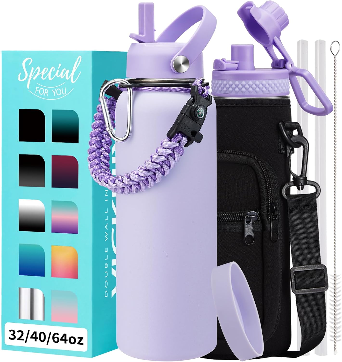 Stainless Steel 40 oz Water Bottle with Straw Spout Lids