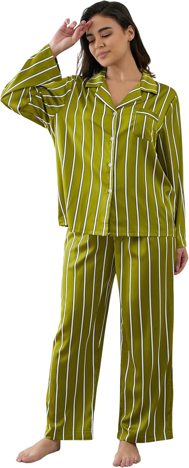Womens Silk Satin Pajamas Set Button Down 2 Piece Pjs Long Sleeve