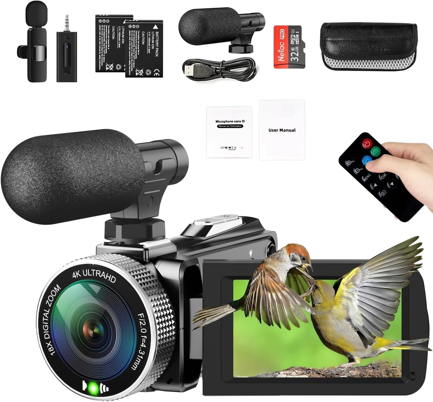 4K Video Camera Camcorder with Lavalier Mic for Vlogging
