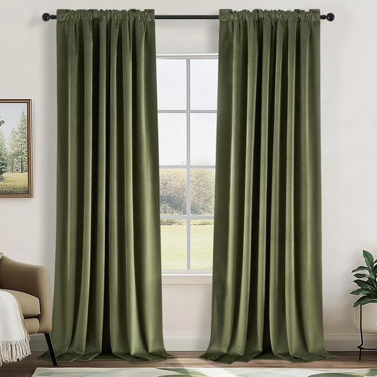 Topfinel Olive Green Velvet Blackout Curtains for Living Room