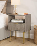 Grey Mid-Century Night Stand with Matte Gold Frame - Compact Storage