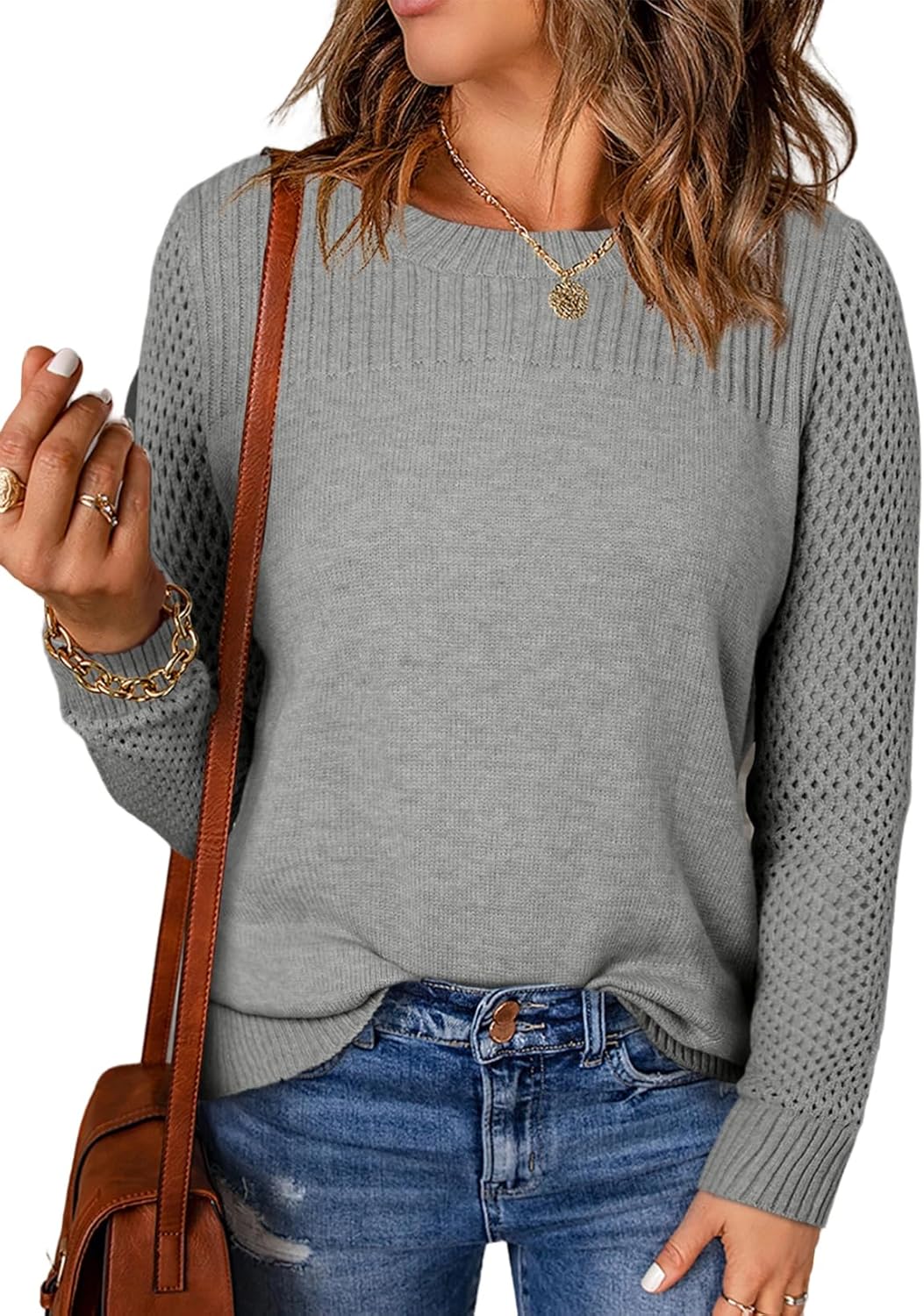 EVALESS Womens Sweaters Casual Long Sleeve Crewneck Knit Tops