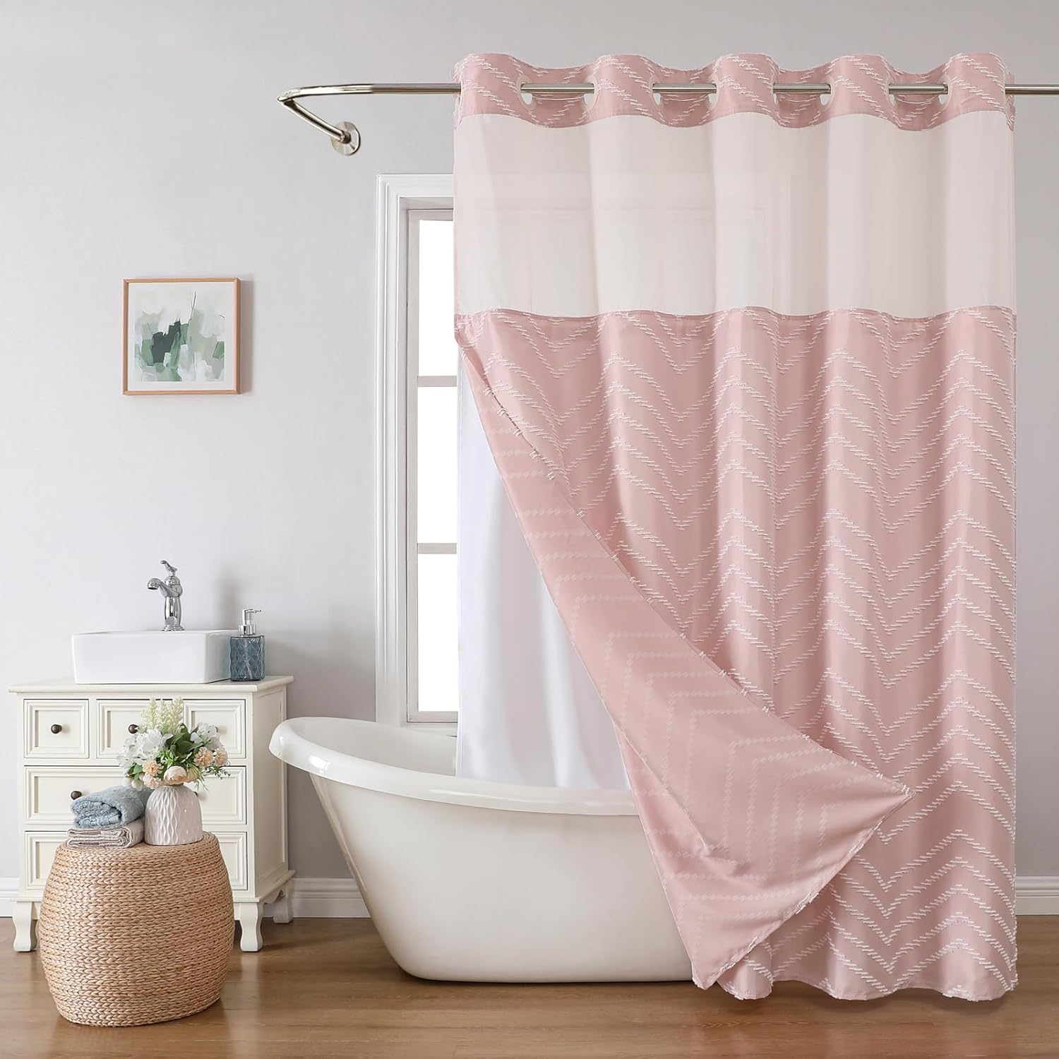 Extra Long Blush Pink No Hook Shower Curtain for Modern Bathrooms