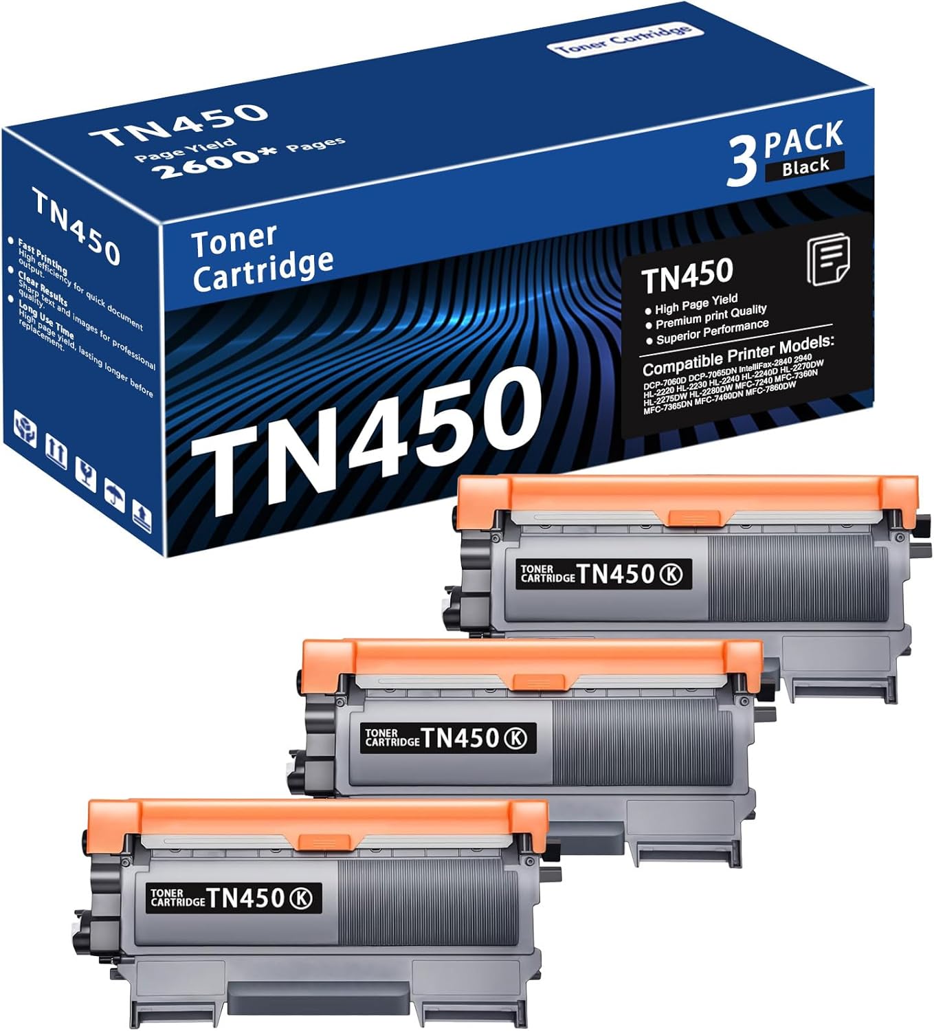 TN450 Black High Yield Toner Cartridge 3-Pack for Brother Printers
