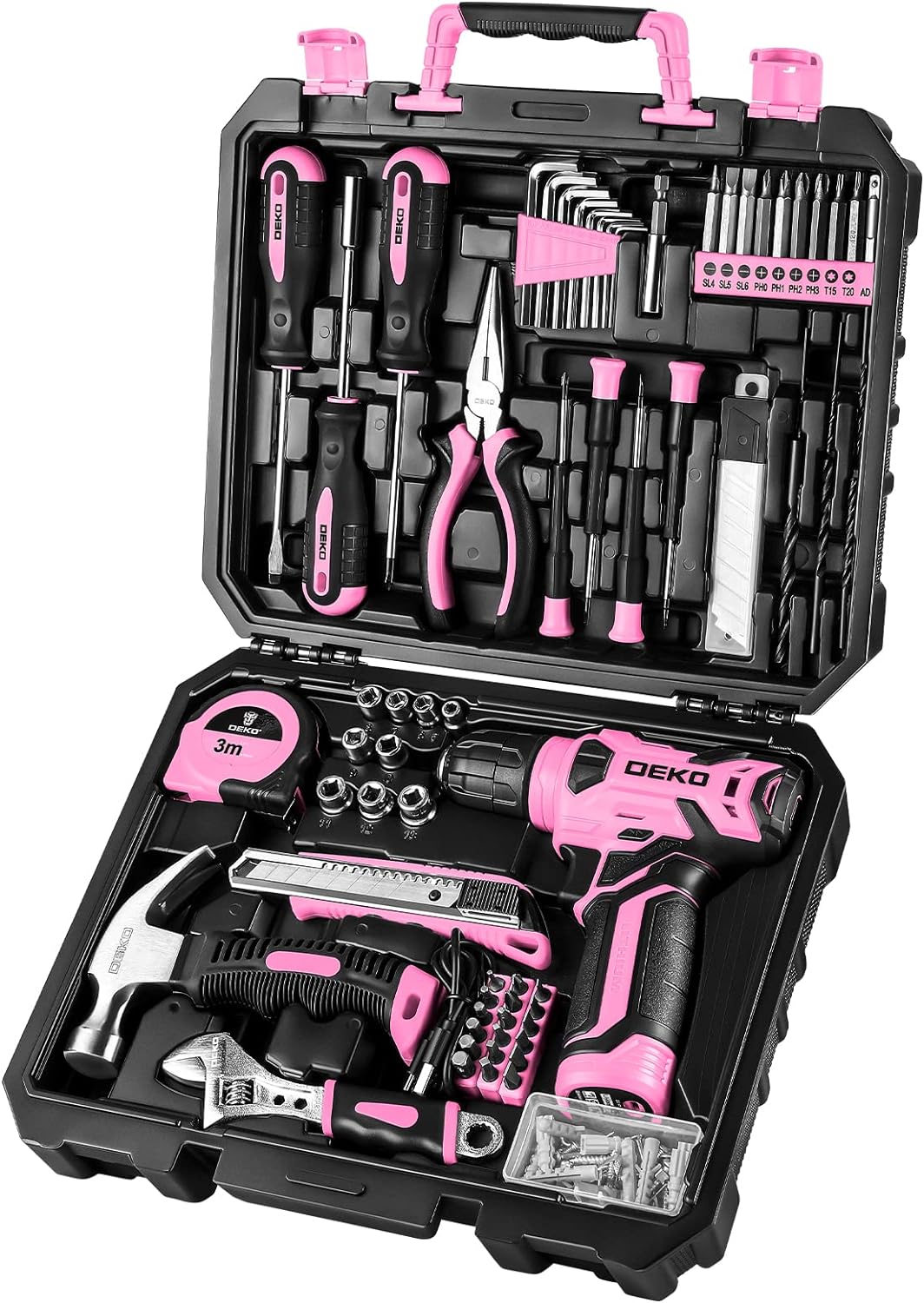DEKOPRO 126 pcs Pink Cordless Drill Set for Home DIY Projects