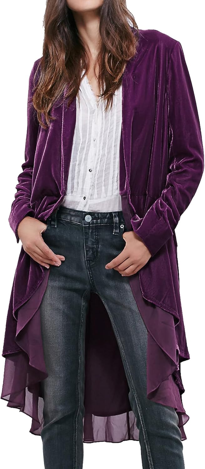 Ruffled Asymmetric Long Velvet Blazers Coat for Women