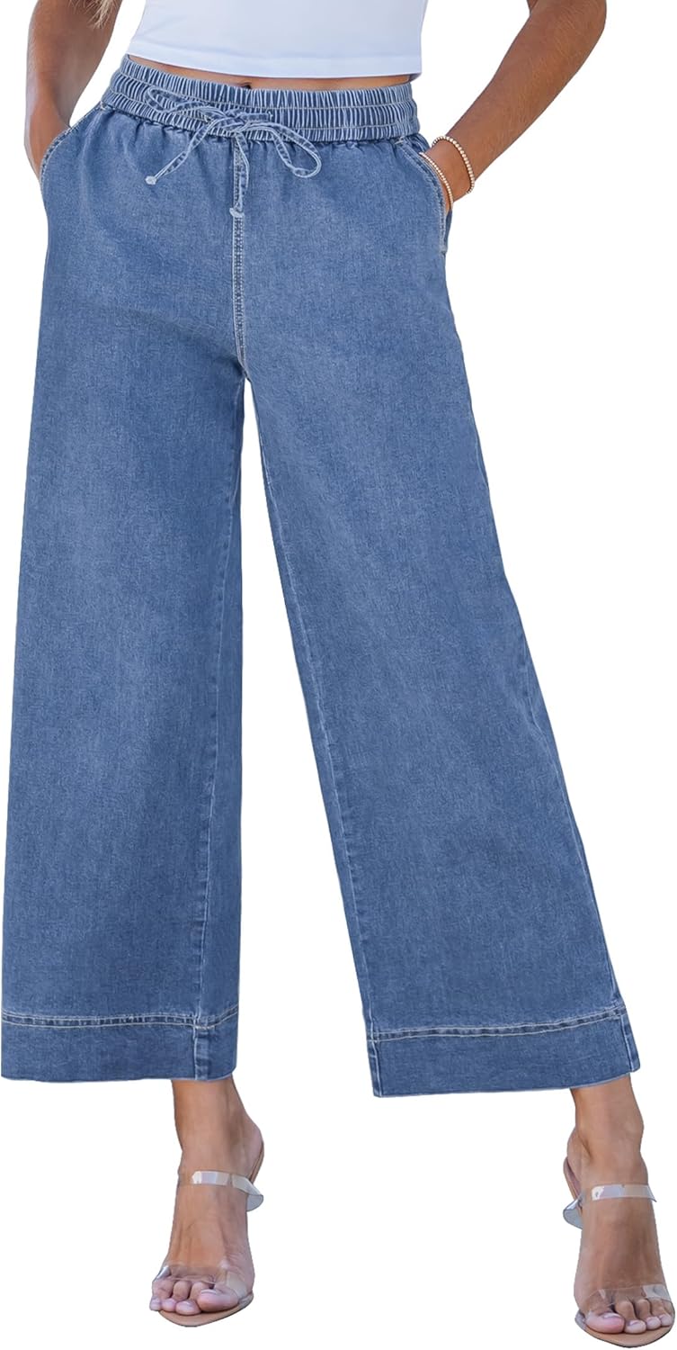 Wide Leg Jeans for Women High Waisted Cropped Pull On Style