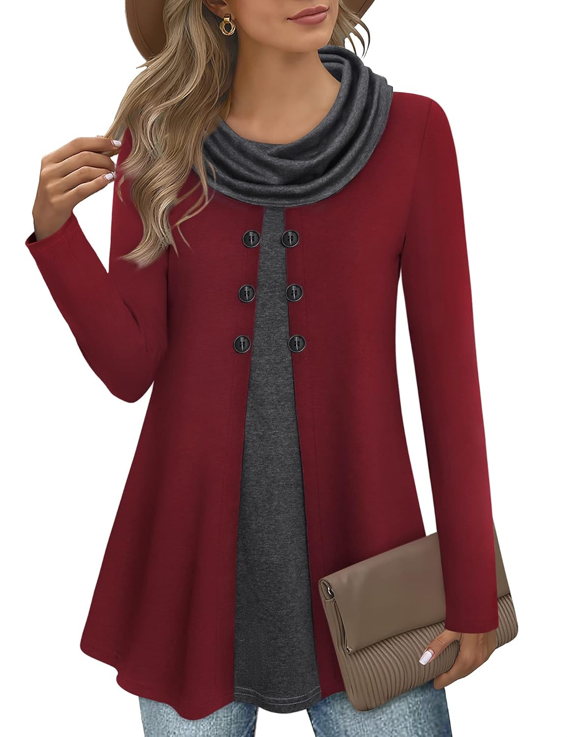 Bebonnie Womens Long Sleeve Cowl Neck Splicing Tunic Tops