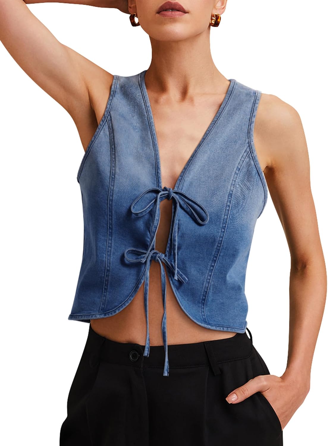 Womens Denim Vest Crop Sleeveless V Neck Retro Tie Up Top