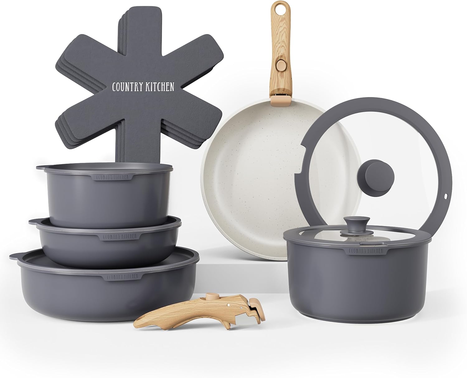 Country Kitchen Cookware Set with Removable Handle for Versatility