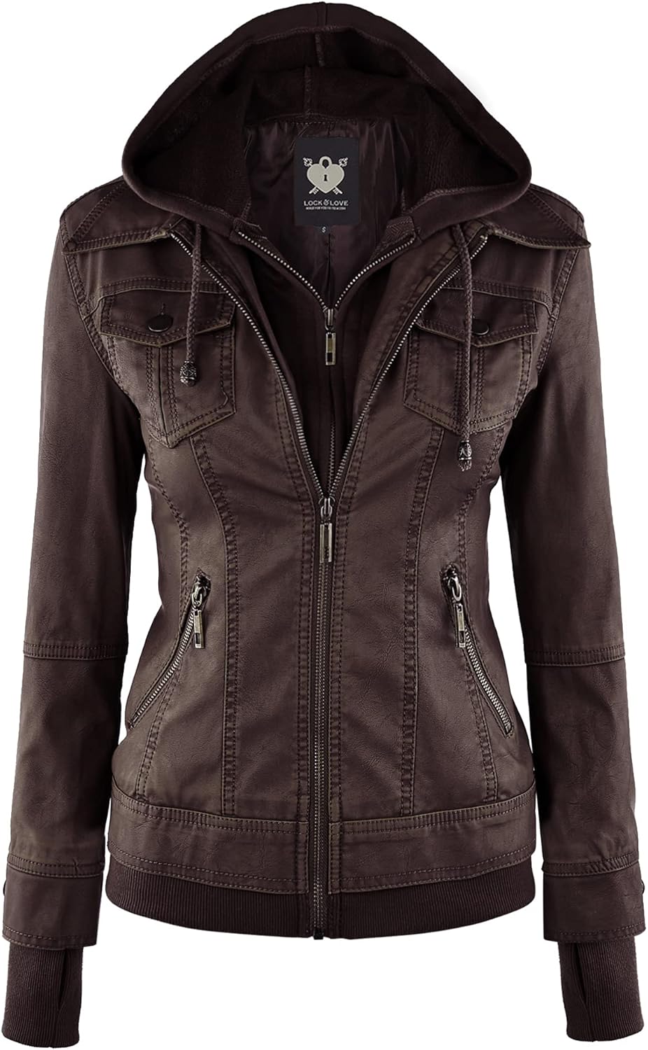 Lock and Love Women's Faux Leather Moto Biker Jacket with Hood