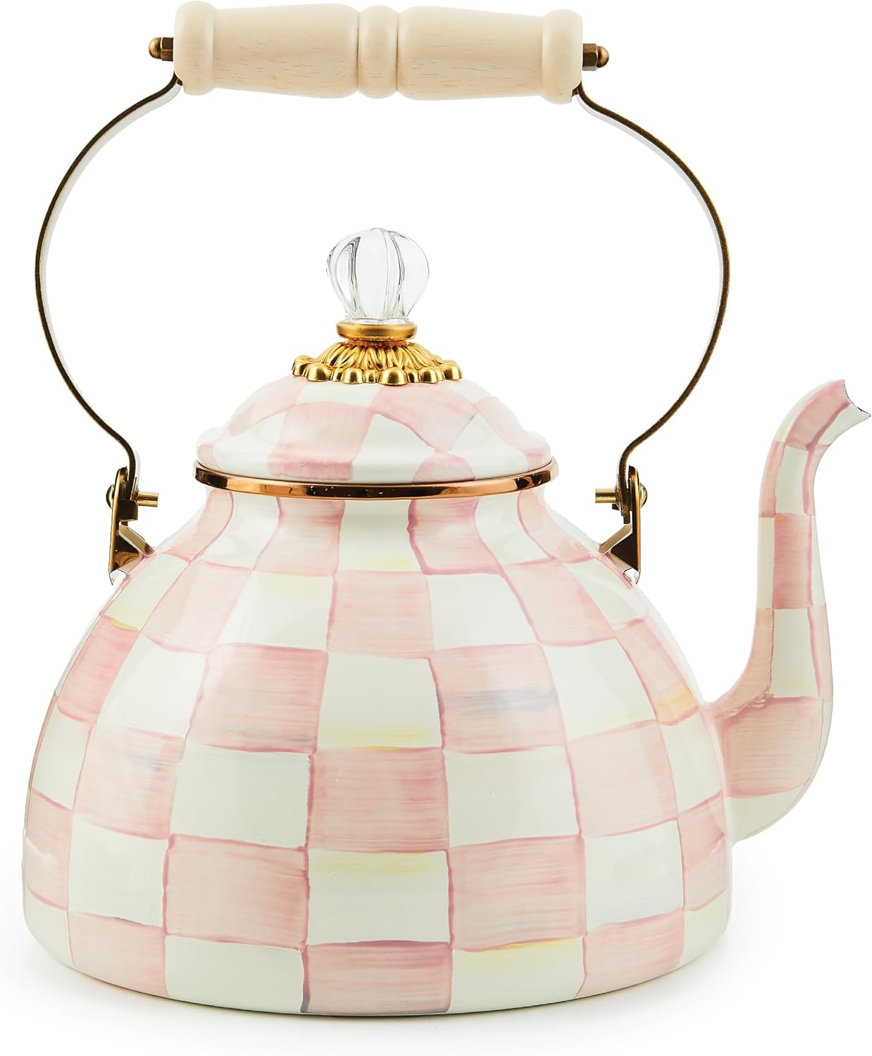 Stylish Pink-and-White Rosy Check Tea Kettle for Stovetop