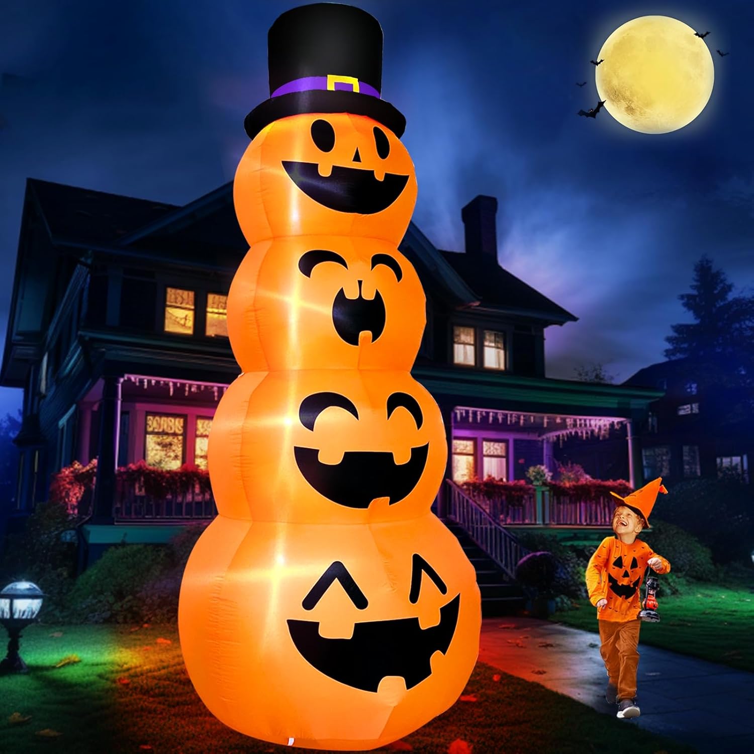 12 FT Giant Halloween Inflatable Pumpkins with Witch Hat Lights