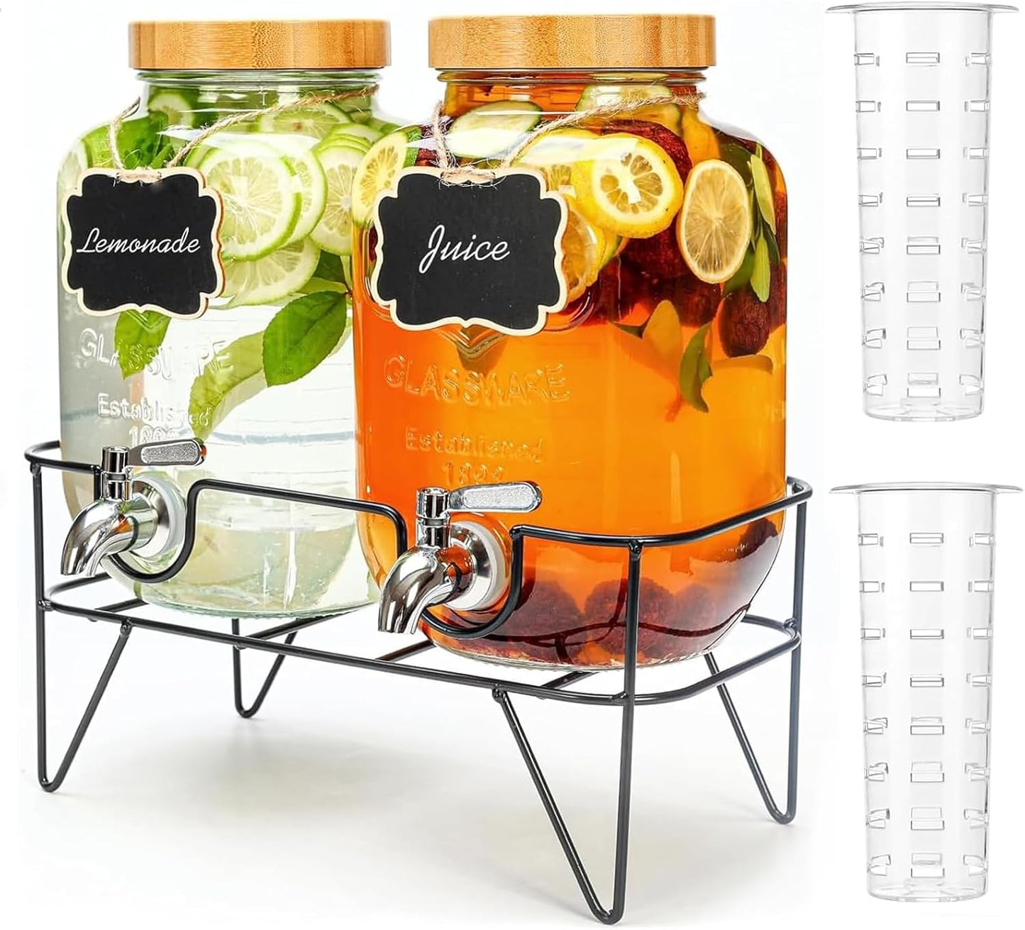 2 Pack 1 Gallon Glass Drink Dispenser with Bamboo Lid for Parties