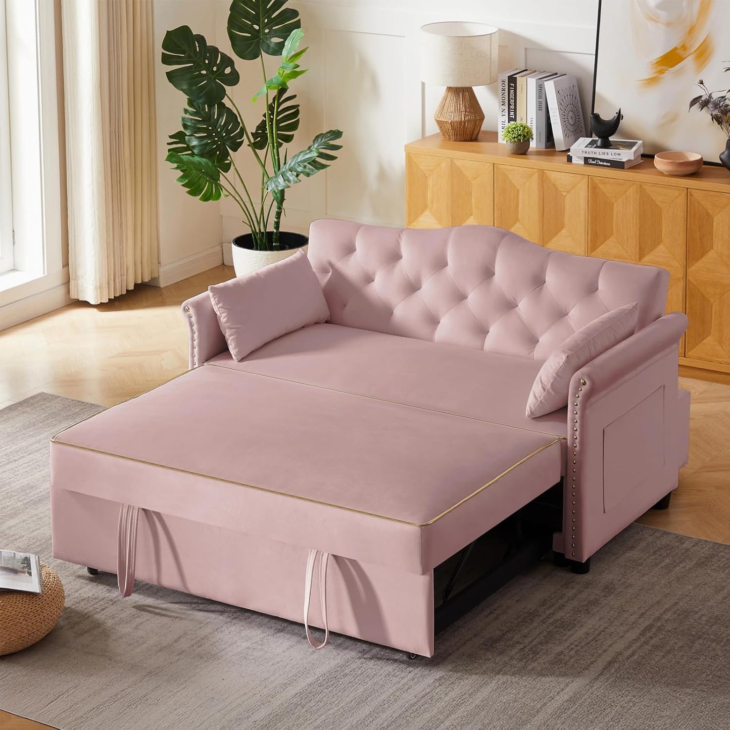 58 Velvet Sleeper Sofa Bed with Storage and Adjustable Backrest