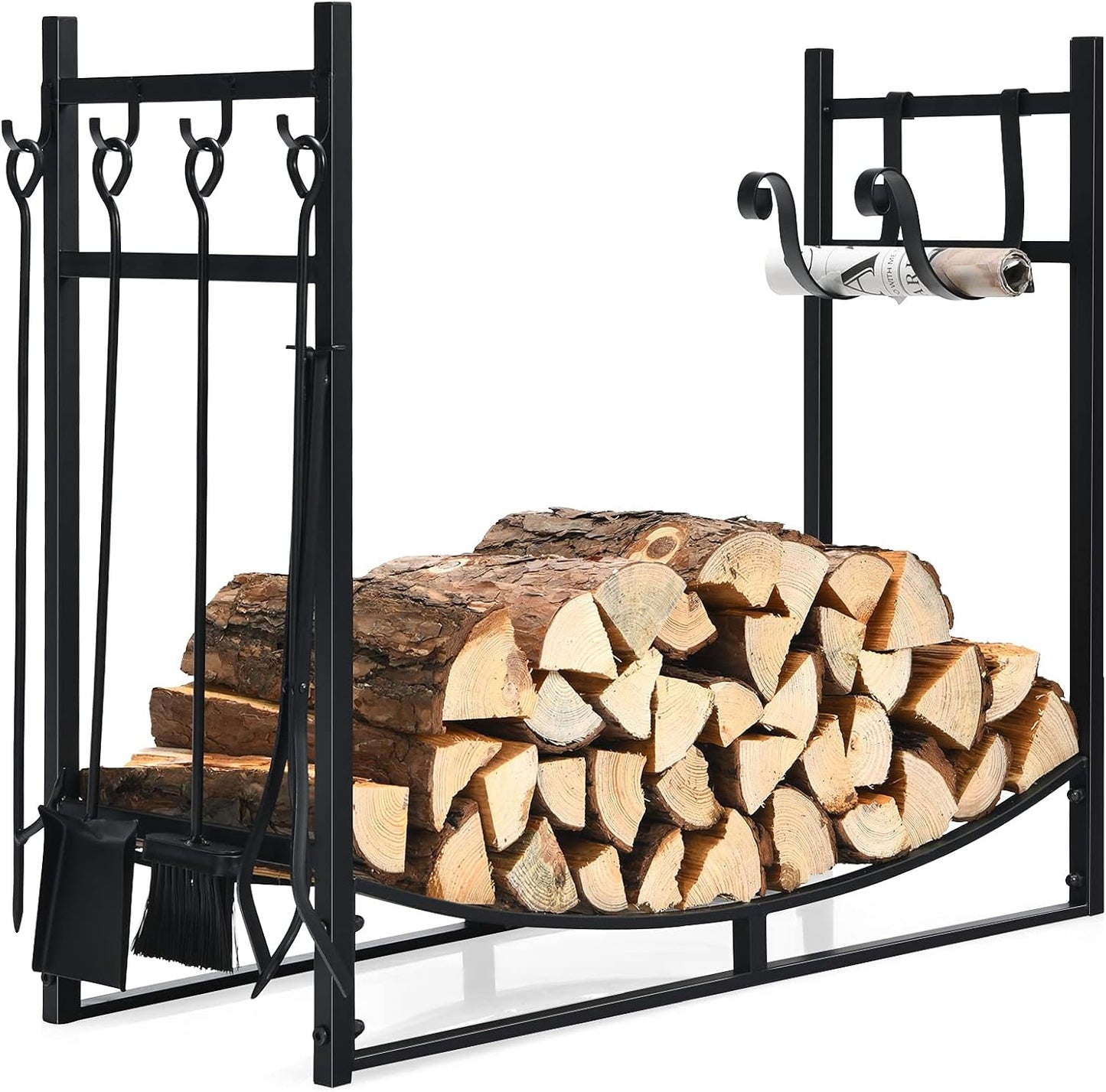 Goplus Firewood Rack Indoor with 4-Piece Fireplace Tools Set