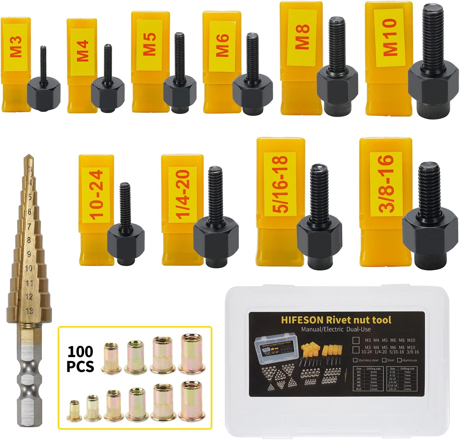 HIFESON Rivet Nut Tool for Easy Riveting with 100 Nuts Kit