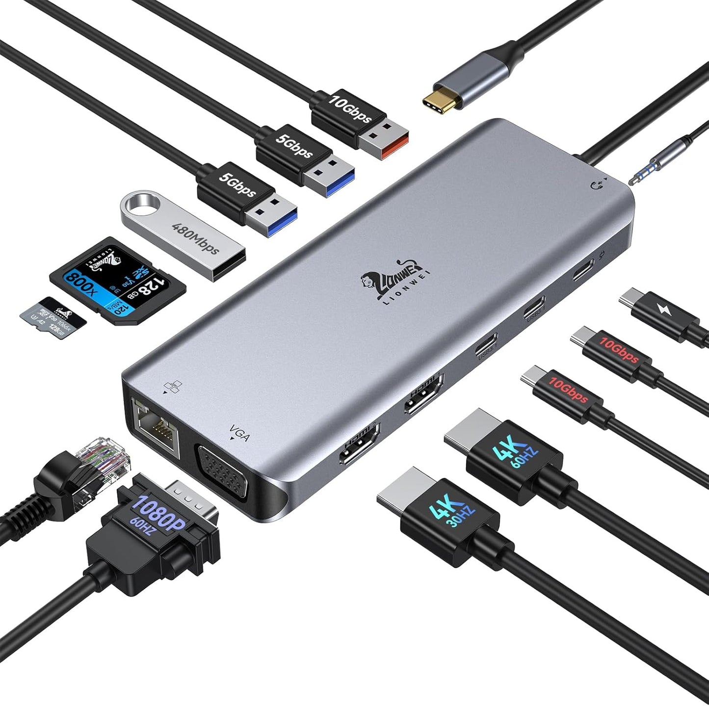 USB C Docking Station for Dual Monitor Setup with 14 Ports