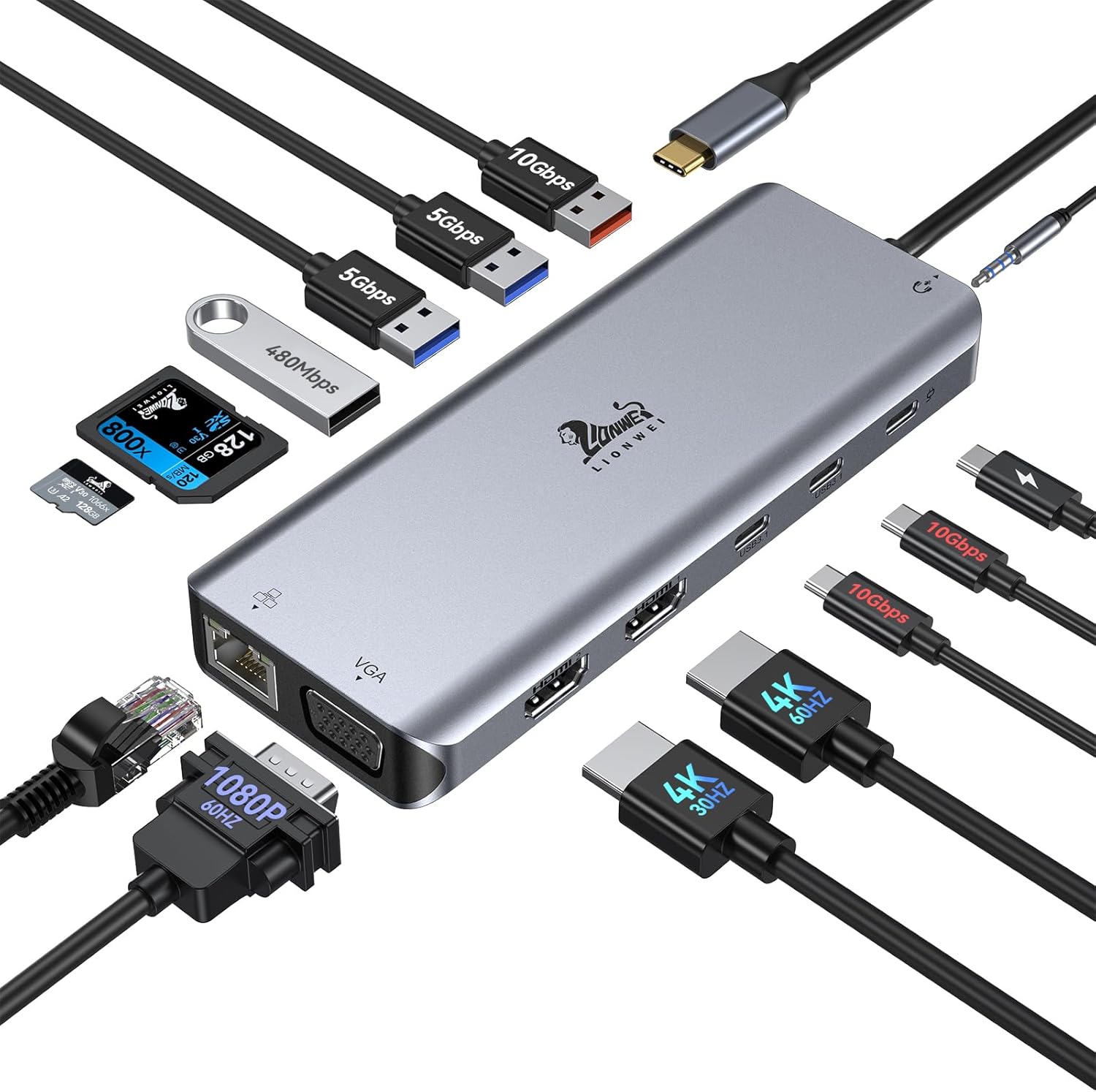 USB C Docking Station for Dual Monitor Setup with 14 Ports