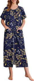 Ekouaer Women Zipper Front Short Sleeve Robe Mid-Calf Loungewear