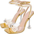 Square Toe Clear Heels with Rhinestone Pearl Bow - Sexy 4in Stilettos