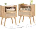 Rattan Nightstands Set of 2 with Charging Station - Boho Bedside