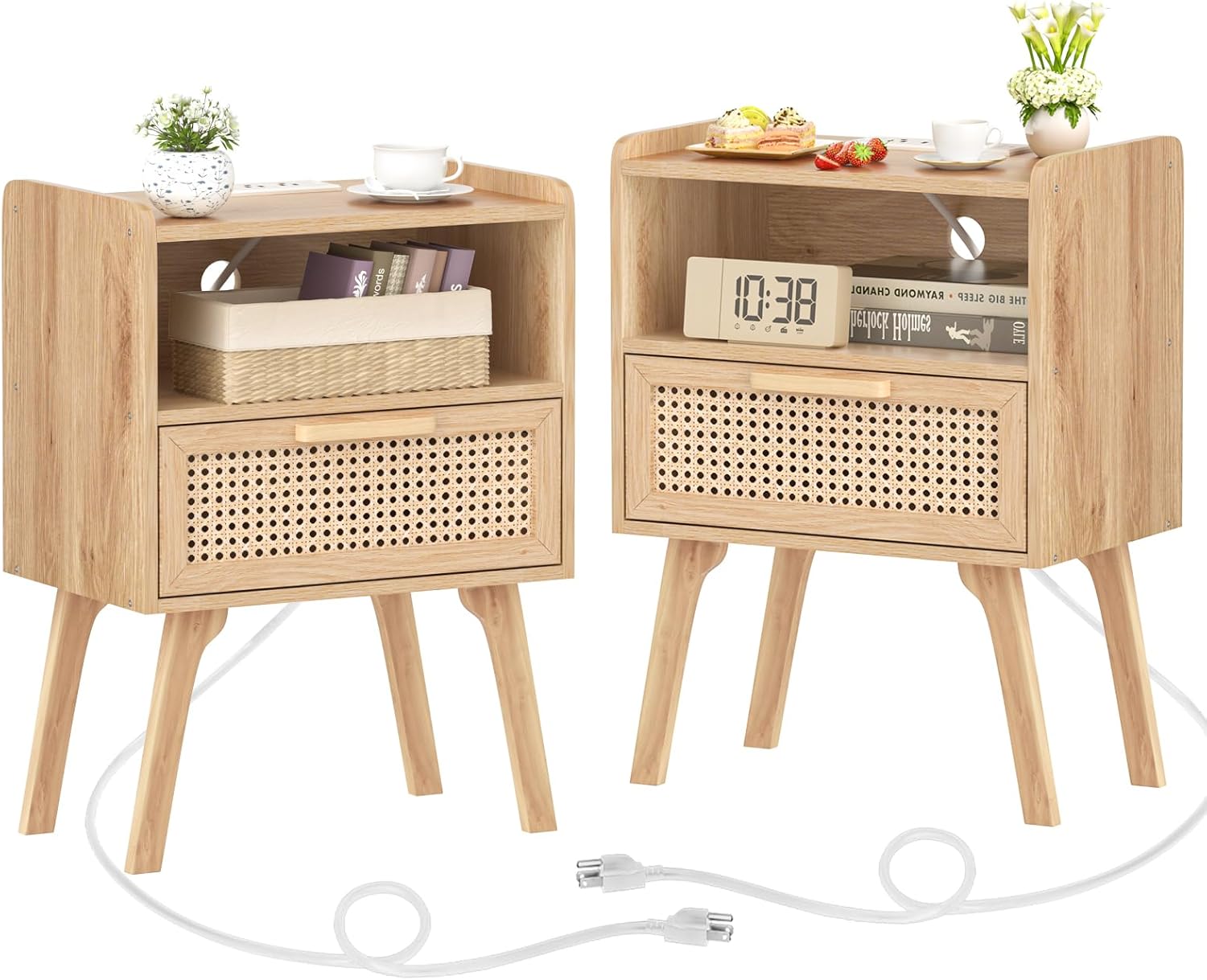Natural Rattan Nightstands Set of 2 with Charging Station