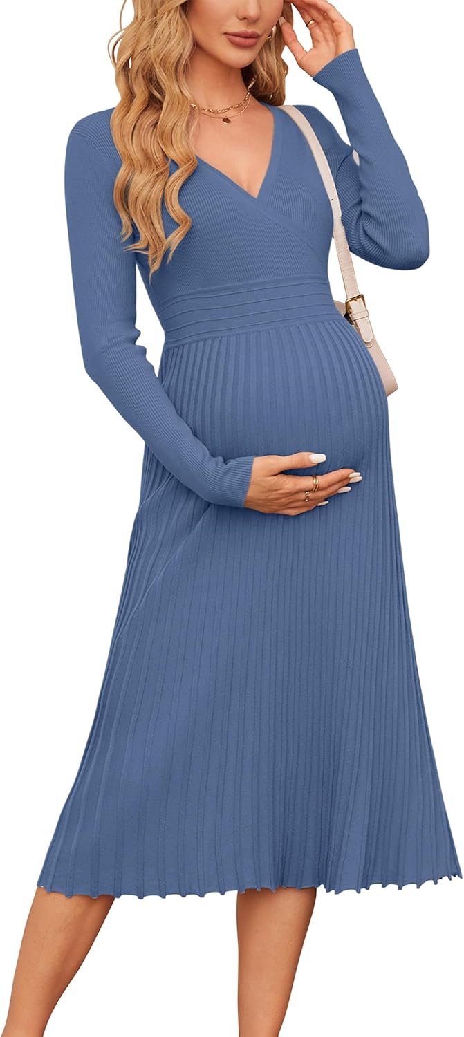 OUGES Women's Fall Maternity Midi Dress for Stylish Comfort