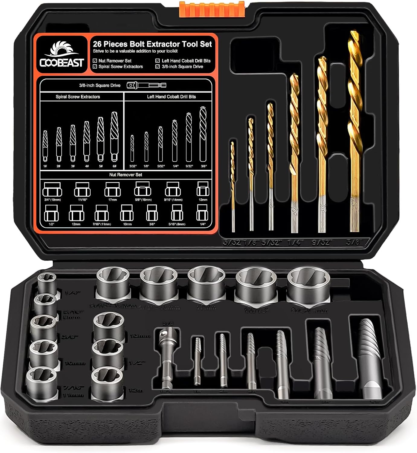 26Pcs Bolt Extractor Kit for Damaged Stripped Bolts and Nuts