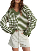 UNCLECAT Women's Striped Checkered V Neck Sweater - Casual Fall