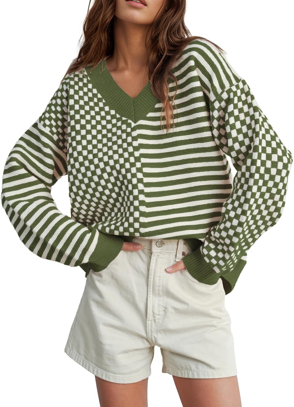 UNCLECAT Women's Striped Checkered Sweater for Trendy Style