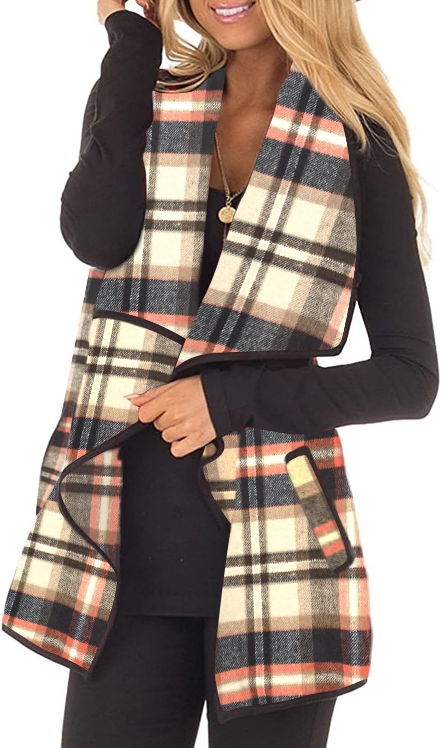 Unidear Womens Buffalo Plaid Vest Casual Open Front Cardigan
