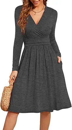 WEACZZY Womens Long Sleeve Deep V-Neck Formal Dress with Pockets