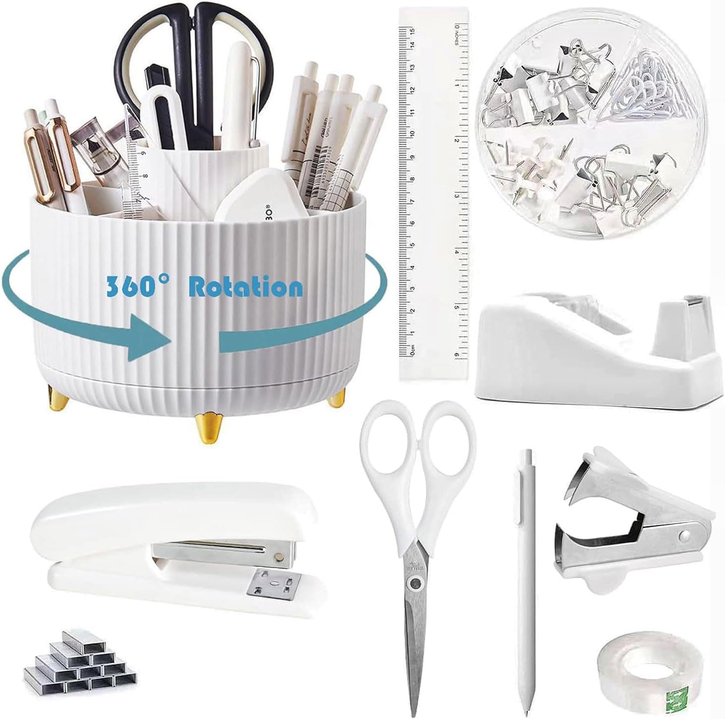 10Pcs White Desk Organizer Set with Rotating Pen Holder