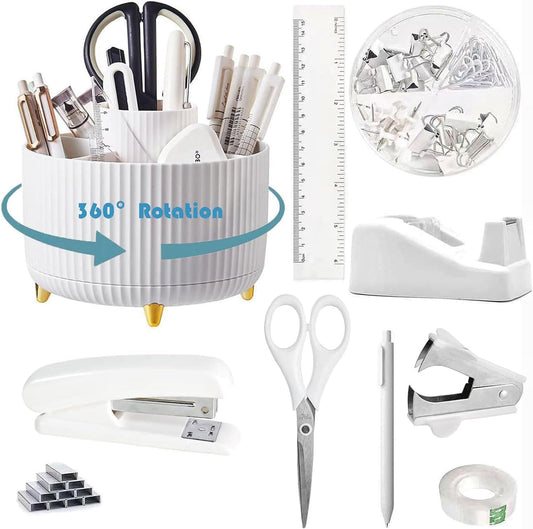 10Pcs White Desk Organizer Set with Rotating Pen Holder