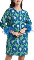 D-Sun Women Feather Dress Round Neck Casual 3/4 Feather Sleeves Mini