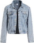 Women's Pearls Denim Jacket Cropped Rhinestones Jean Jacket Coat