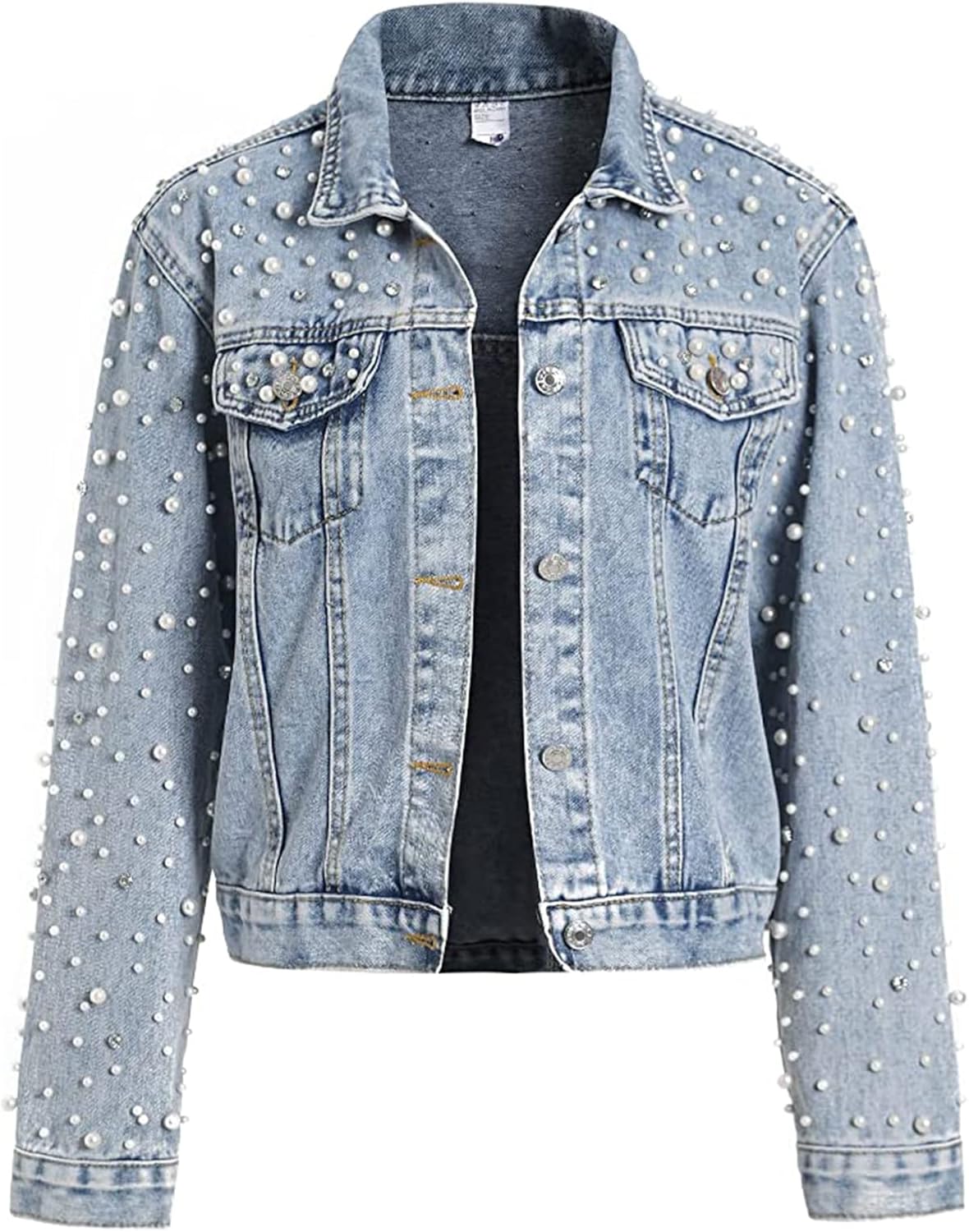 LifeShe Women's Pearls Denim Jacket with Rhinestones for Style