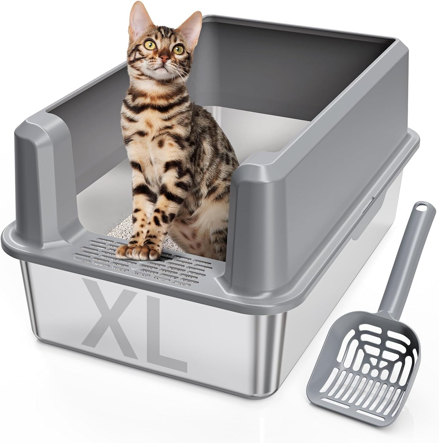 Extra Large Stainless Steel Cat Litter Box with High Sides