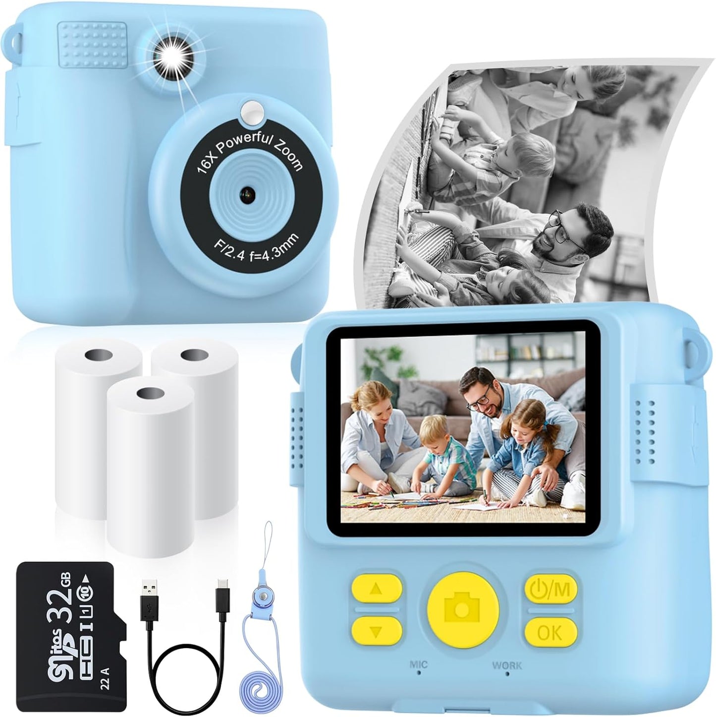 Fun Instant Print Camera for Kids - 3 Rolls Paper, 32GB SD Card - Perfect Gift!