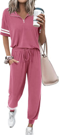 2 Piece Outfits for Women Summer Tracksuit - Short Sleeve Quarter Zip